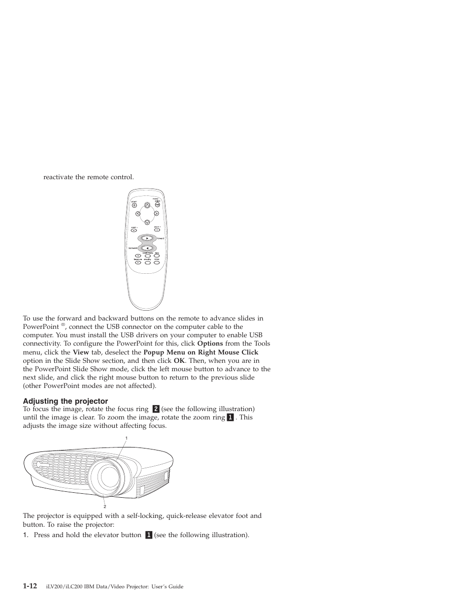 Adjusting the projector, Adjusting the | IBM ILC200 User Manual | Page 20 / 76