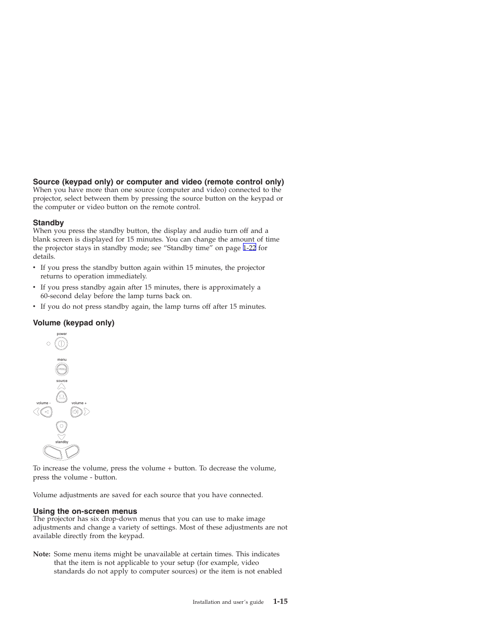 Standby, Volume (keypad only), Using the on-screen menus | IBM ILC200 User Manual | Page 23 / 76