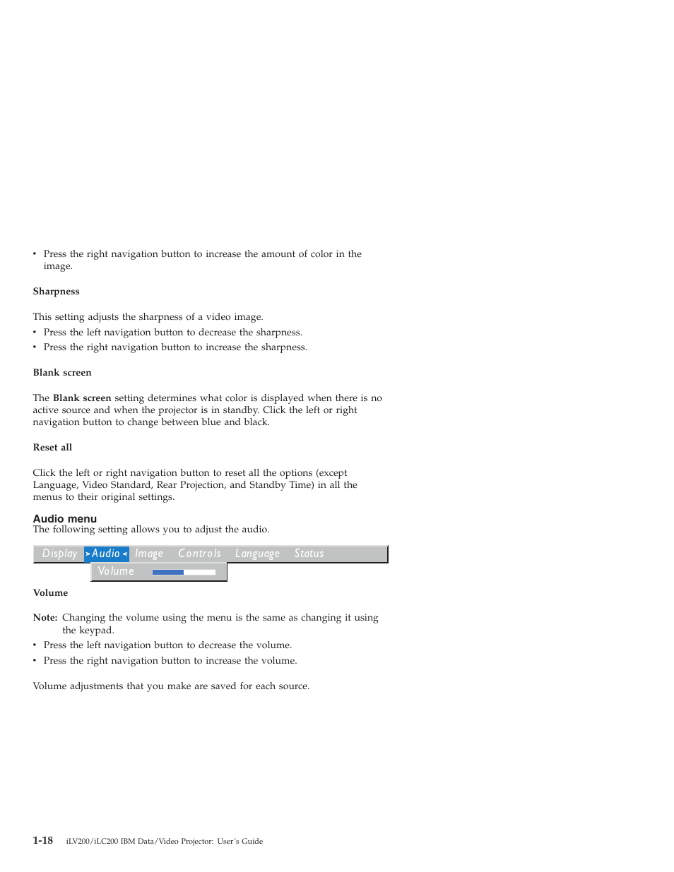 Audio menu, Display audio image c ontrols language status, Volume | IBM ILC200 User Manual | Page 26 / 76