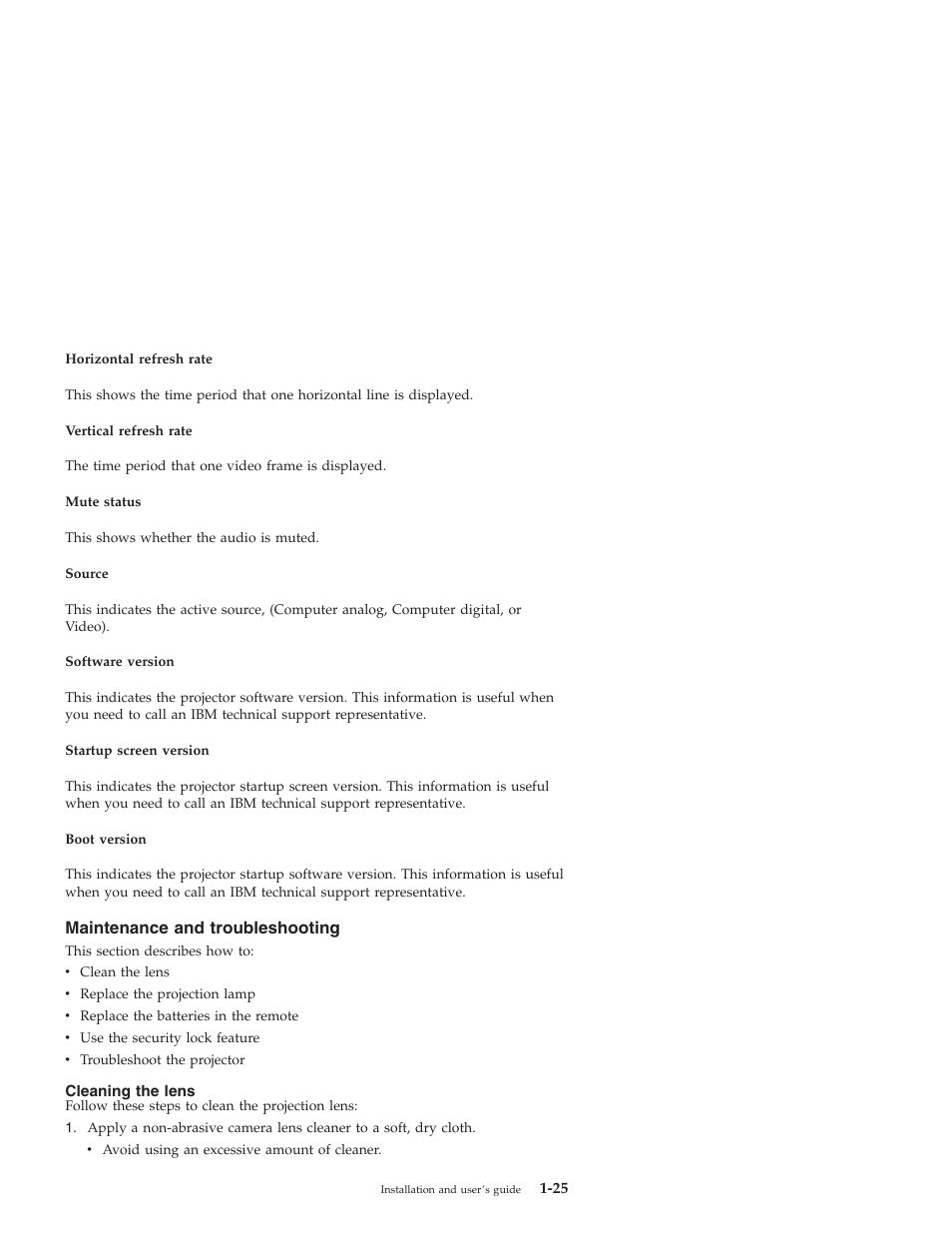 Maintenance and troubleshooting, Cleaning the lens | IBM ILC200 User Manual | Page 33 / 76