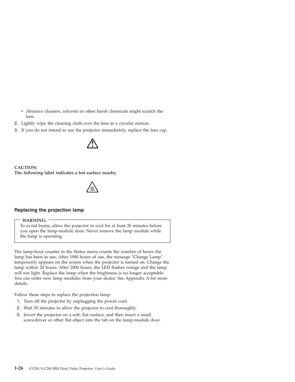 Replacing the projection lamp | IBM ILC200 User Manual | Page 34 / 76