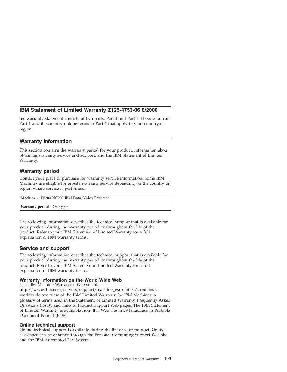 Warranty information, Warranty period, Service and support | Warranty information on the world wide web, Online technical support | IBM ILC200 User Manual | Page 55 / 76