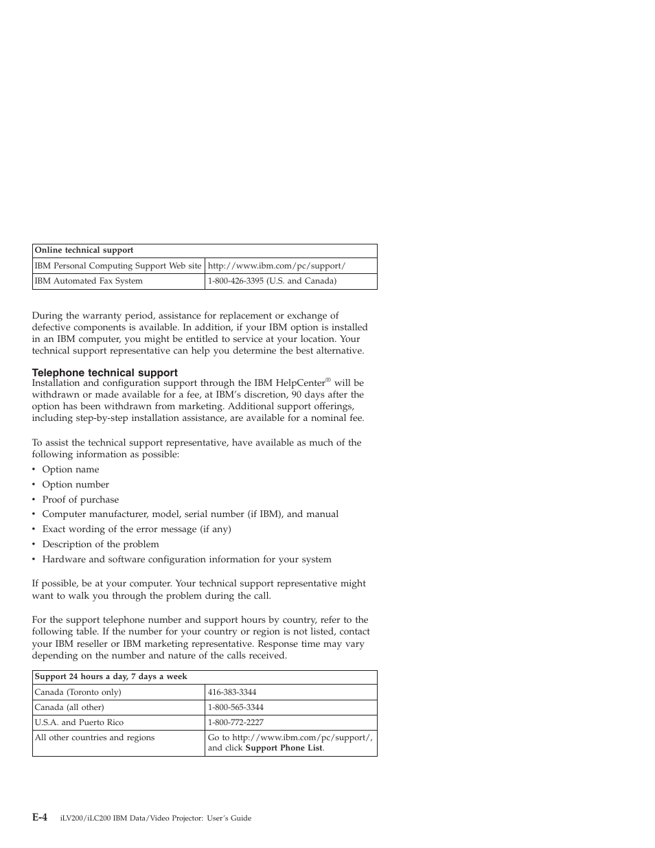 Telephone technical support | IBM ILC200 User Manual | Page 56 / 76