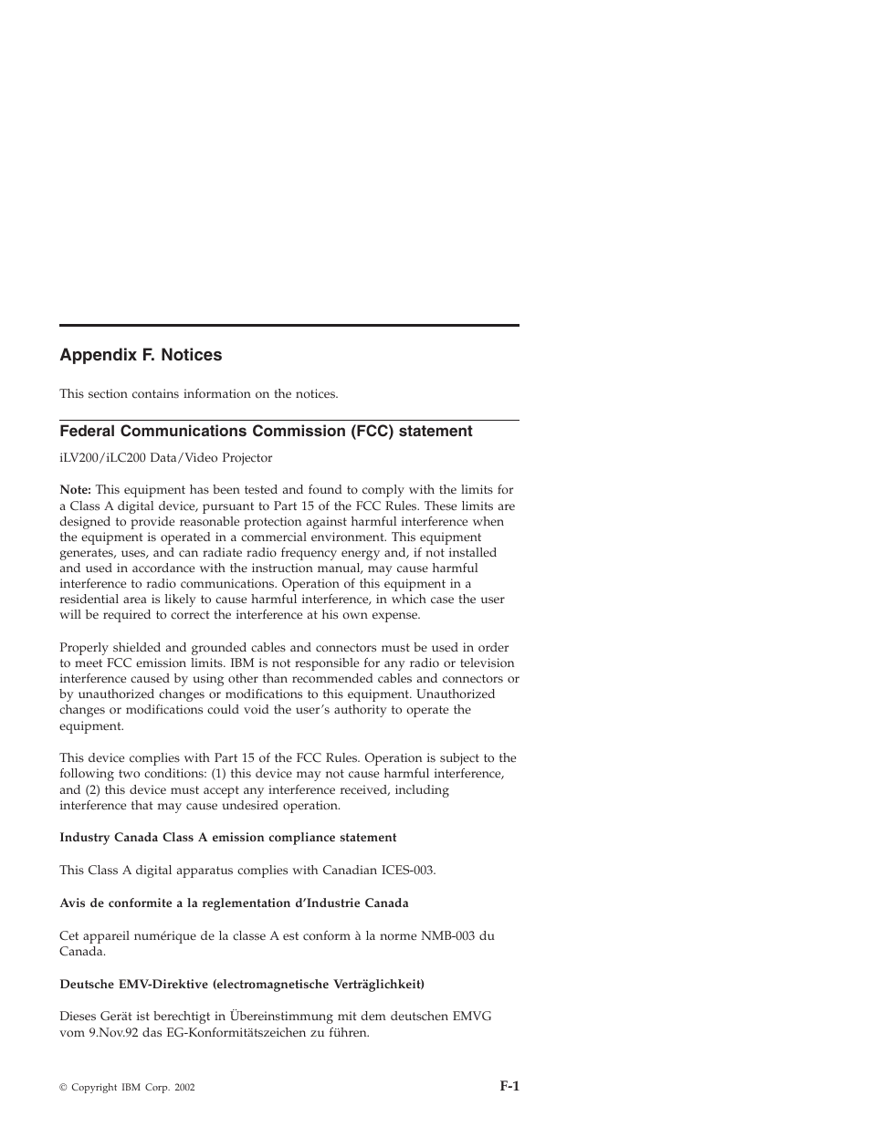 Appendix f. notices, Federal communications commission (fcc) statement | IBM ILC200 User Manual | Page 69 / 76