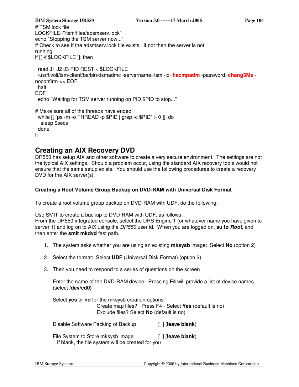 Creating an aix recovery dvd | IBM DR550 User Manual | Page 104 / 128