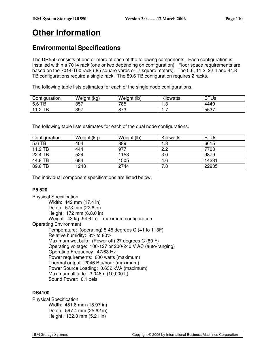 Other information, Environmental specifications | IBM DR550 User Manual | Page 110 / 128