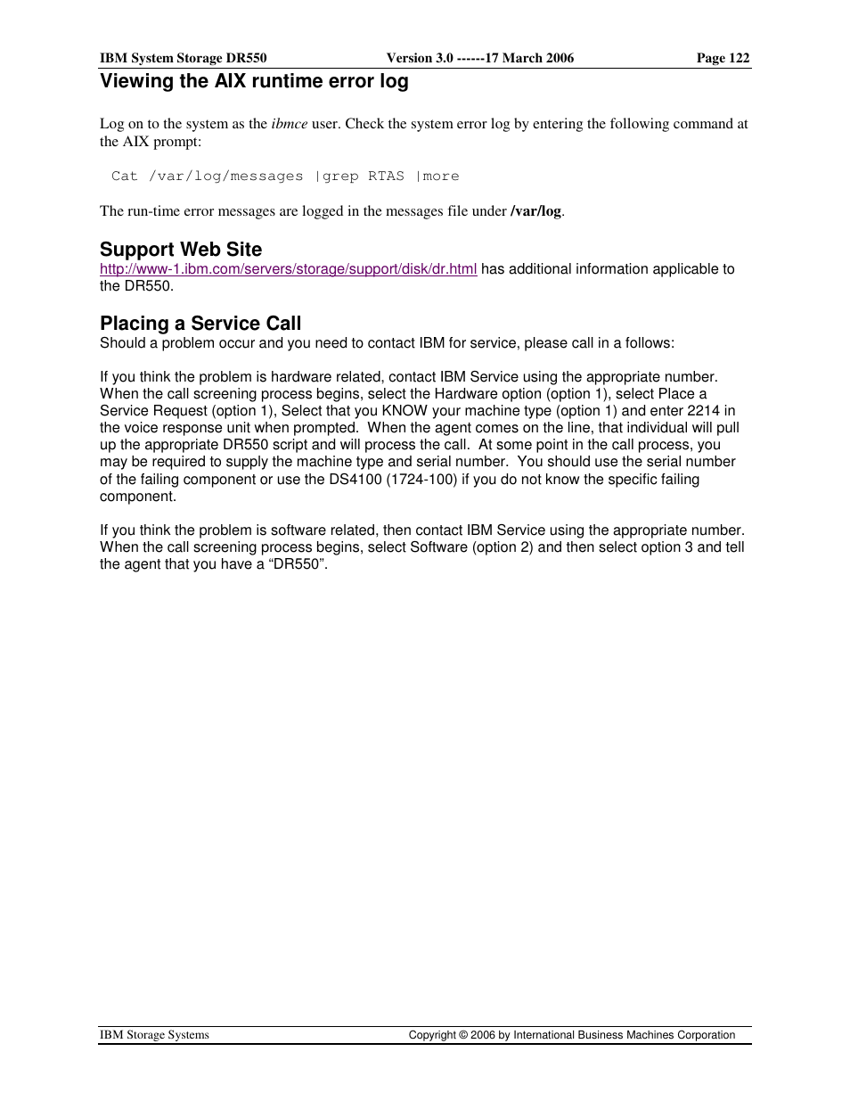 Viewing the aix runtime error log, Support web site, Placing a service call | IBM DR550 User Manual | Page 122 / 128
