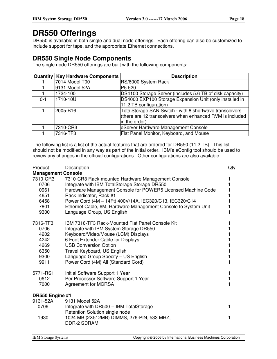 Dr550 offerings, Dr550 single node components | IBM DR550 User Manual | Page 18 / 128
