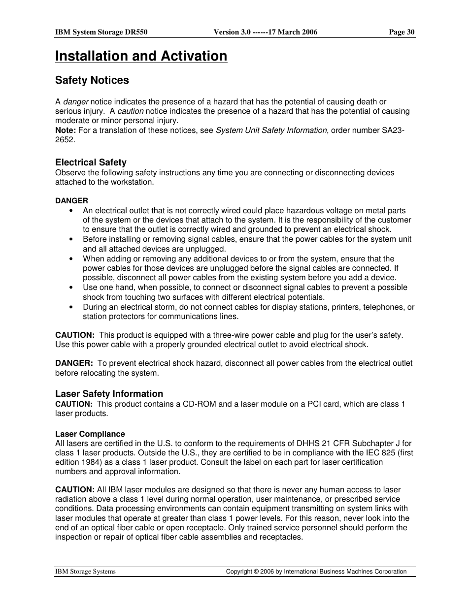 Installation and activation, Safety notices | IBM DR550 User Manual | Page 30 / 128