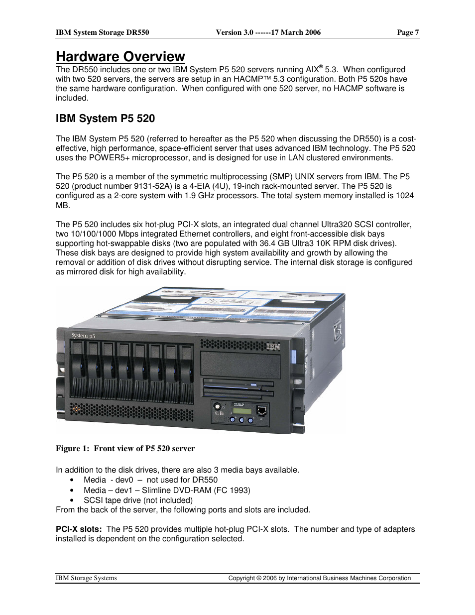 Hardware overview, Ibm system p5 520 | IBM DR550 User Manual | Page 7 / 128