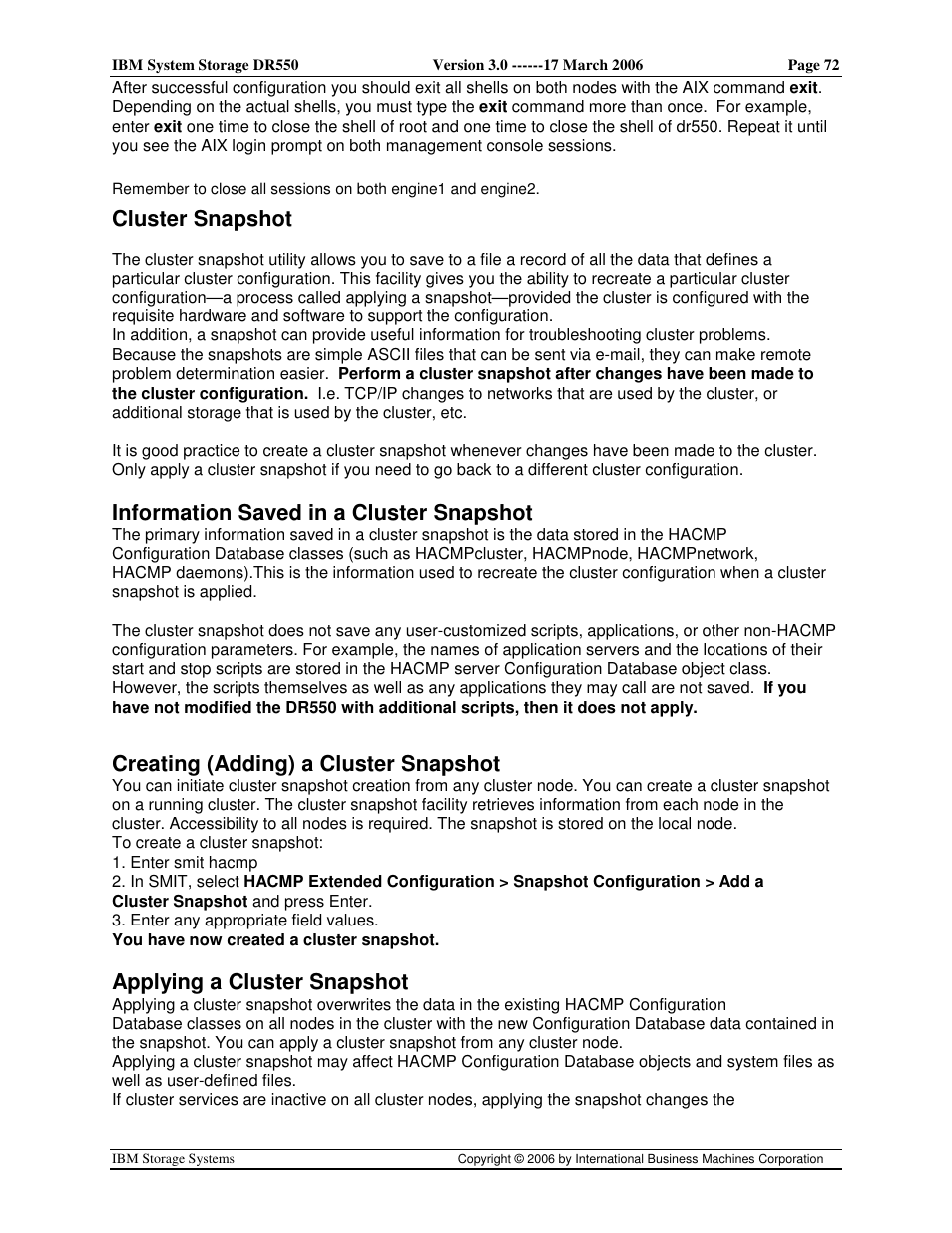 Cluster snapshot, Information saved in a cluster snapshot, Creating (adding) a cluster snapshot | Applying a cluster snapshot | IBM DR550 User Manual | Page 72 / 128