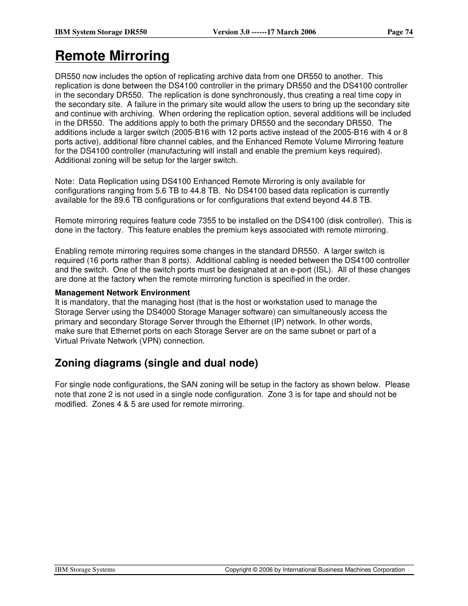 Remote mirroring, Zoning diagrams (single and dual node) | IBM DR550 User Manual | Page 74 / 128