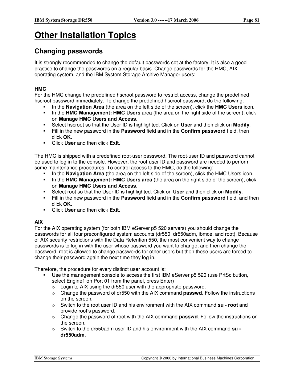 Other installation topics, Changing passwords | IBM DR550 User Manual | Page 81 / 128
