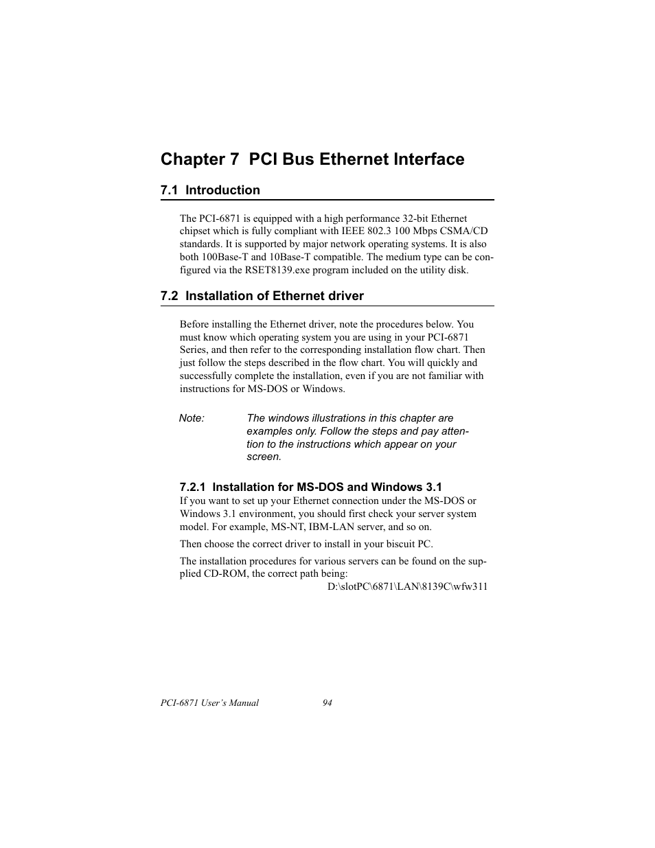 1 introduction, 2 installation of ethernet driver, 1 installation for ms-dos and windows 3.1 | Via sound blaster pro compatible set up program, Via sound blaster installation, River installation, Chapter 7 pci bus ethernet interface | IBM CFC2 User Manual | Page 102 / 154