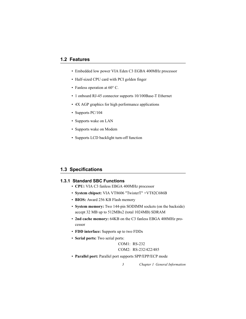 2 features, 3 specifications, 1 standard sbc functions | IBM CFC2 User Manual | Page 11 / 154