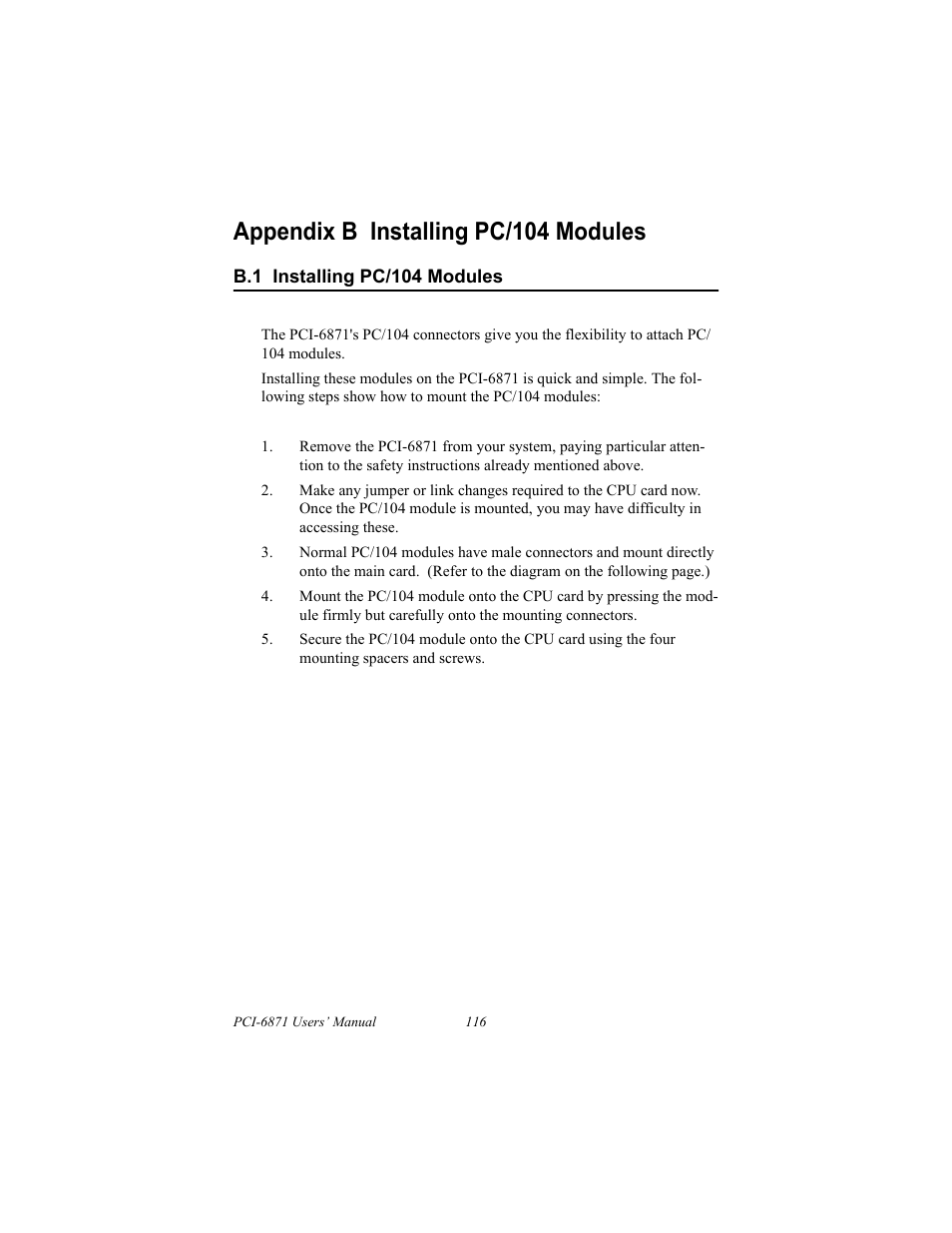 B.1 installing pc/104 modules, Appendix b installing pc/104 modules | IBM CFC2 User Manual | Page 124 / 154