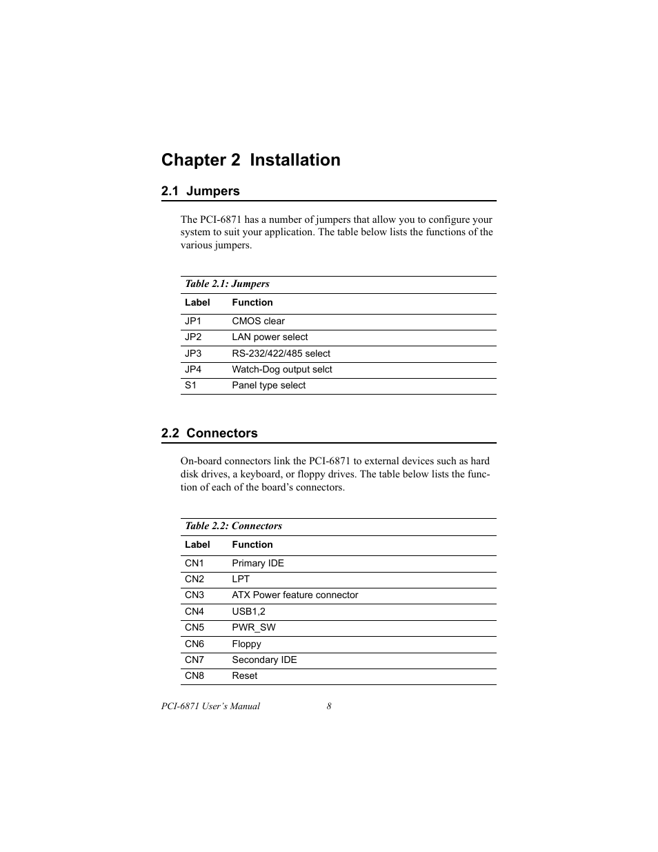1 jumpers, 2 connectors, Pecifications | Standard sbc functions, Chapter 2 installation | IBM CFC2 User Manual | Page 16 / 154