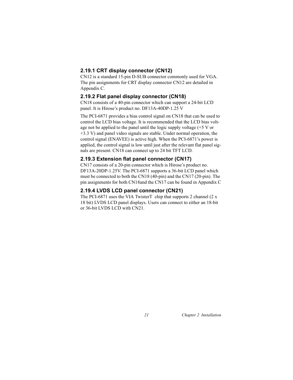 1 crt display connector (cn12), 2 flat panel display connector (cn18), 3 extension flat panel connector (cn17) | 4 lvds lcd panel connector (cn21) | IBM CFC2 User Manual | Page 29 / 154