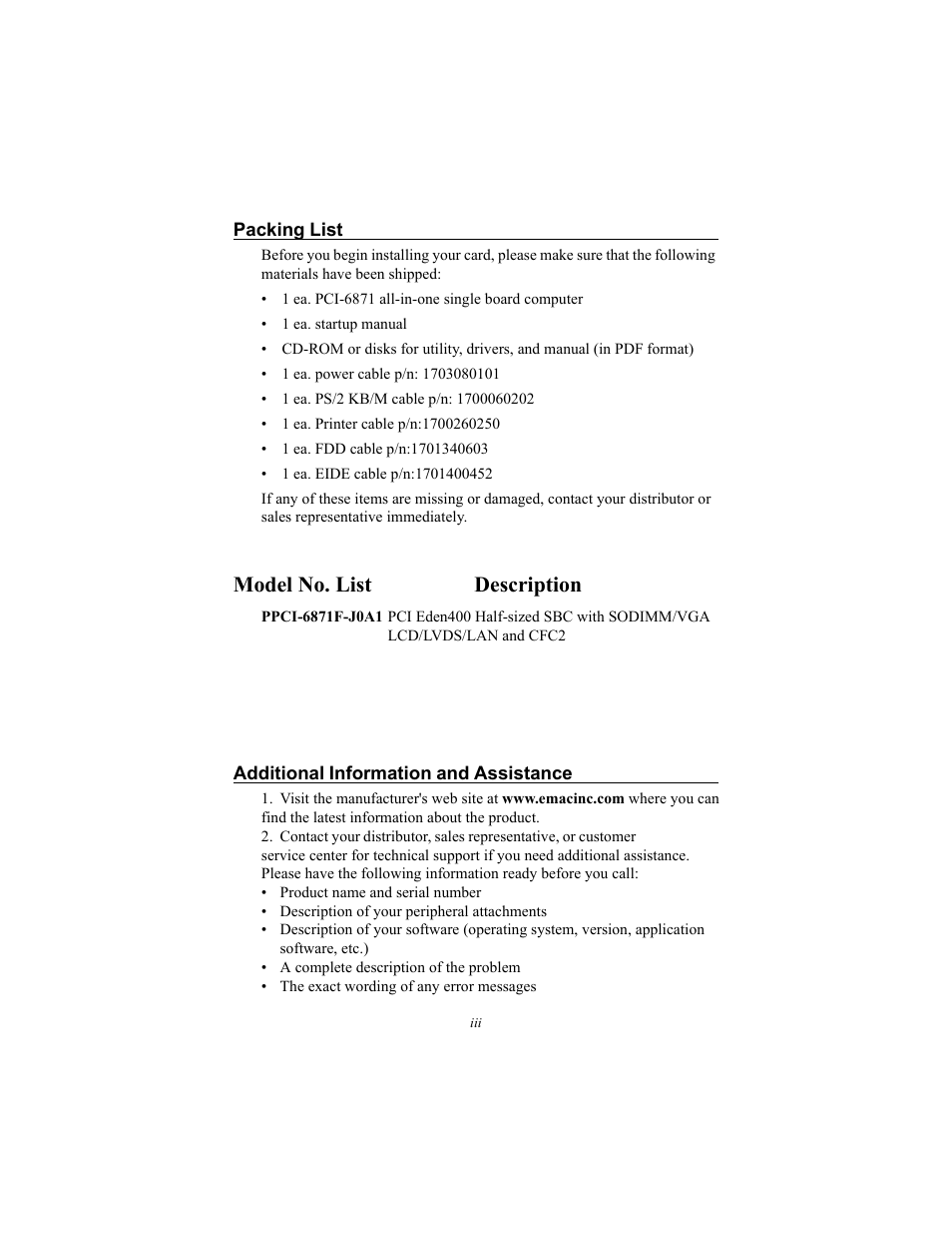 Model no. list description | IBM CFC2 User Manual | Page 3 / 154