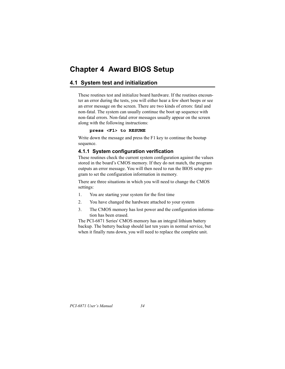 1 system test and initialization, 1 system configuration verification, Ntroduction | Connections to three standard lcds, Chapter 4 award bios setup | IBM CFC2 User Manual | Page 42 / 154
