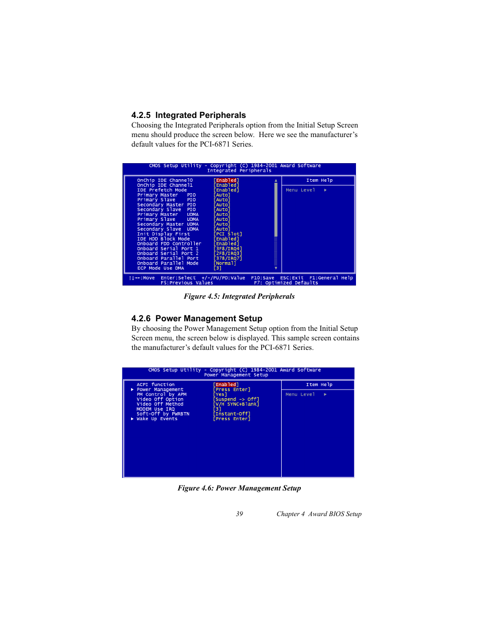 5 integrated peripherals, 6 power management setup, Award bios setup | Ystem test and initialization | IBM CFC2 User Manual | Page 47 / 154