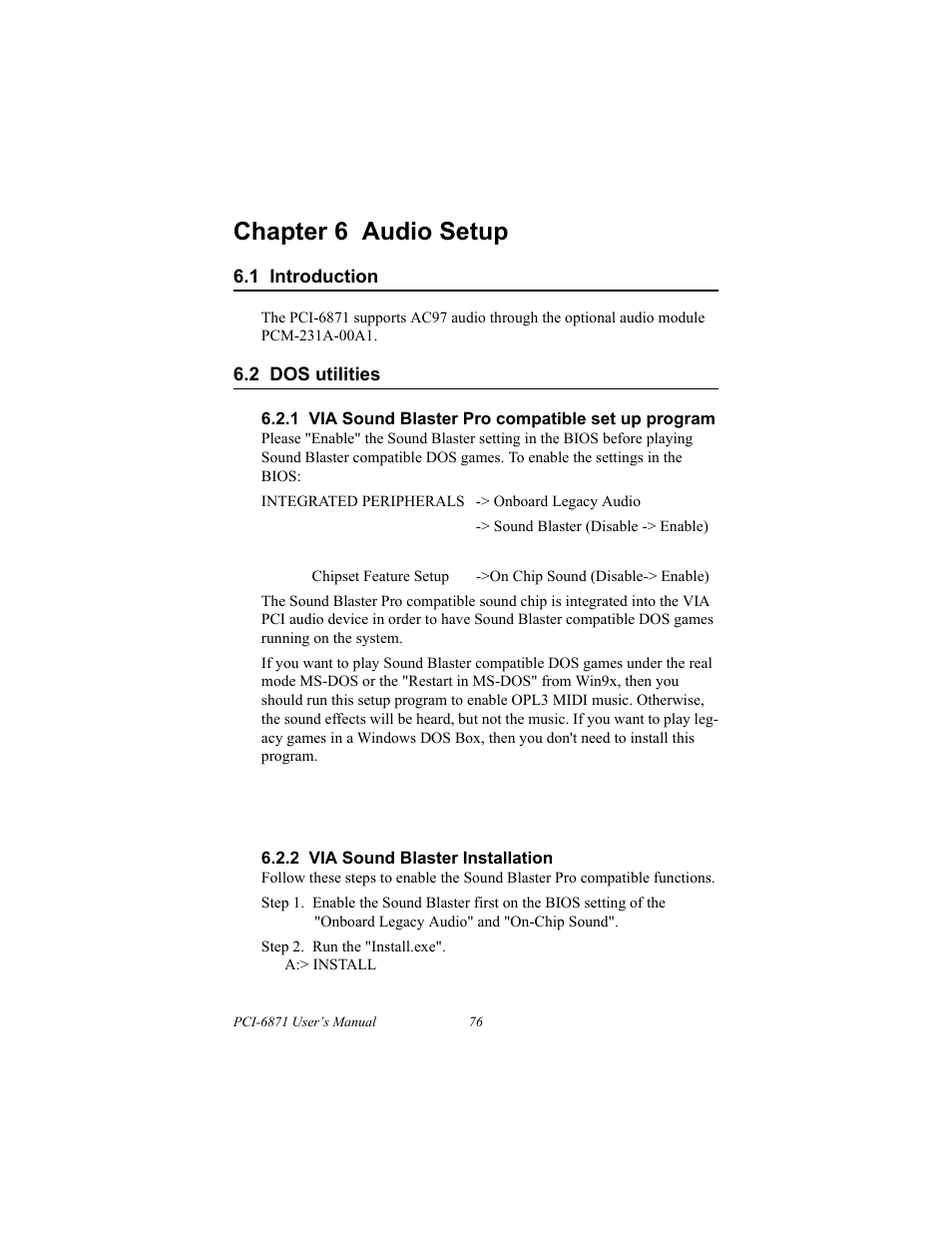 1 introduction, 2 dos utilities, 1 via sound blaster pro compatible set up program | 2 via sound blaster installation, Installation for windows 95, Installation for windows 98/me, Installation for windows nt, Chapter 6 audio setup | IBM CFC2 User Manual | Page 84 / 154