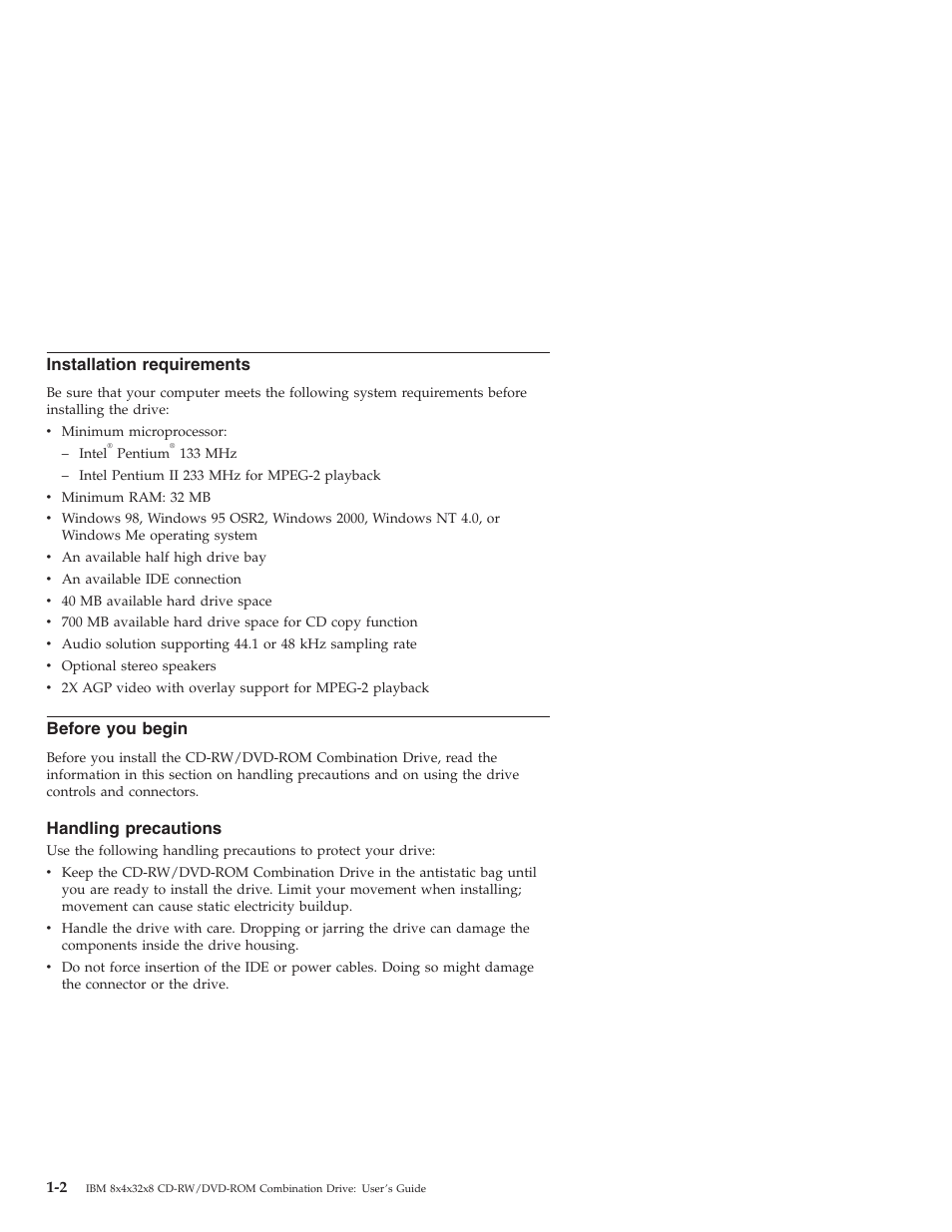 Installation requirements, Before you begin, Handling precautions | IBM 22P6959 User Manual | Page 10 / 50