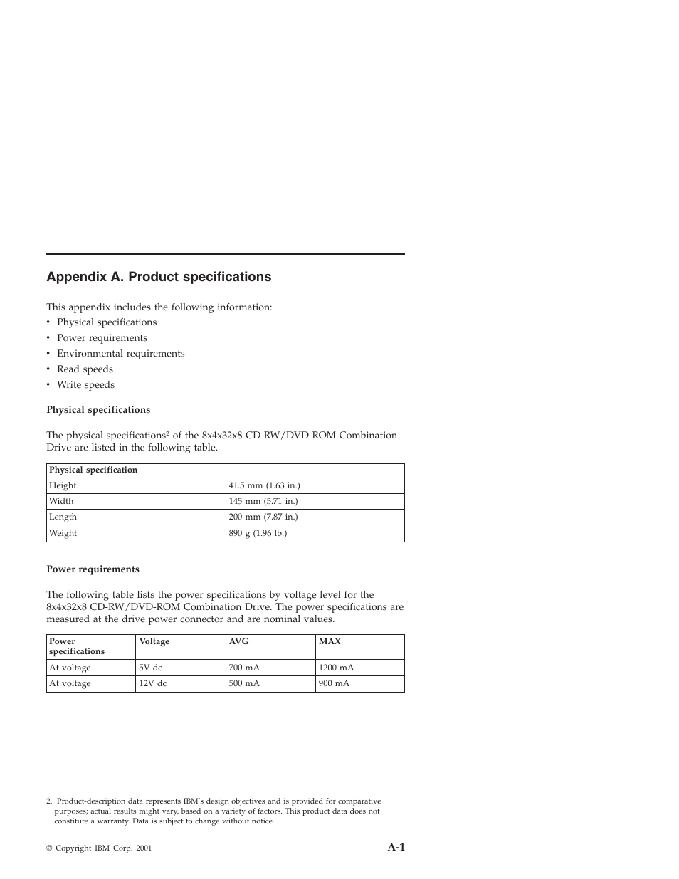 Appendix a. product specifications | IBM 22P6959 User Manual | Page 23 / 50