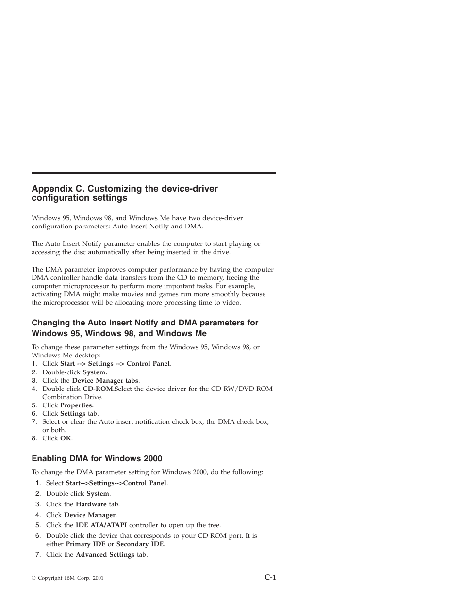 Enabling dma for windows 2000, Windows 98, and windows me | IBM 22P6959 User Manual | Page 29 / 50