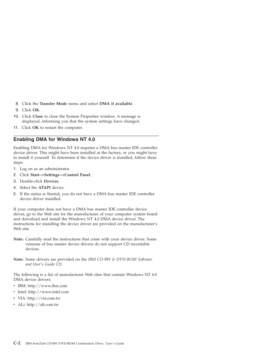Enabling dma for windows nt 4.0 | IBM 22P6959 User Manual | Page 30 / 50