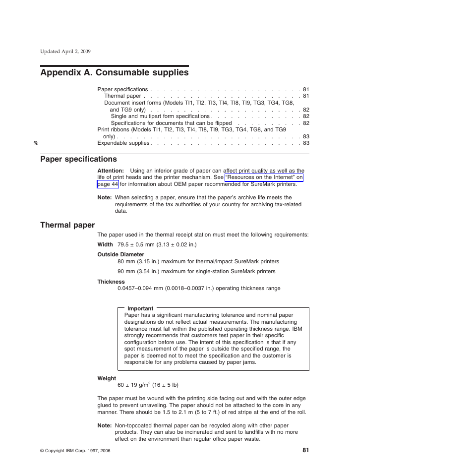 Appendix a. consumable supplies, Paper specifications, Thermal paper | Appendix a, “consumable supplies | IBM SUREMARK TI8 User Manual | Page 103 / 244