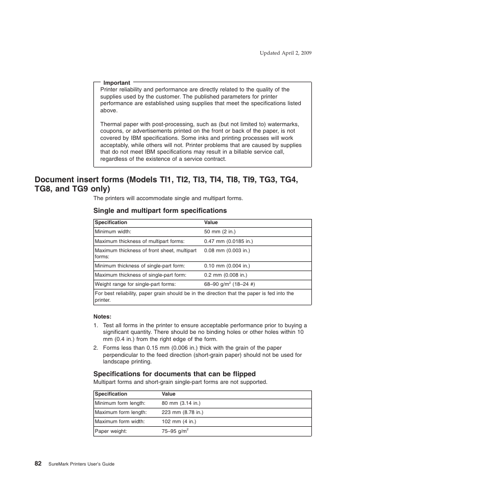 Single and multipart form specifications, Specifications for documents that can be flipped, And tg9 only) | IBM SUREMARK TI8 User Manual | Page 104 / 244