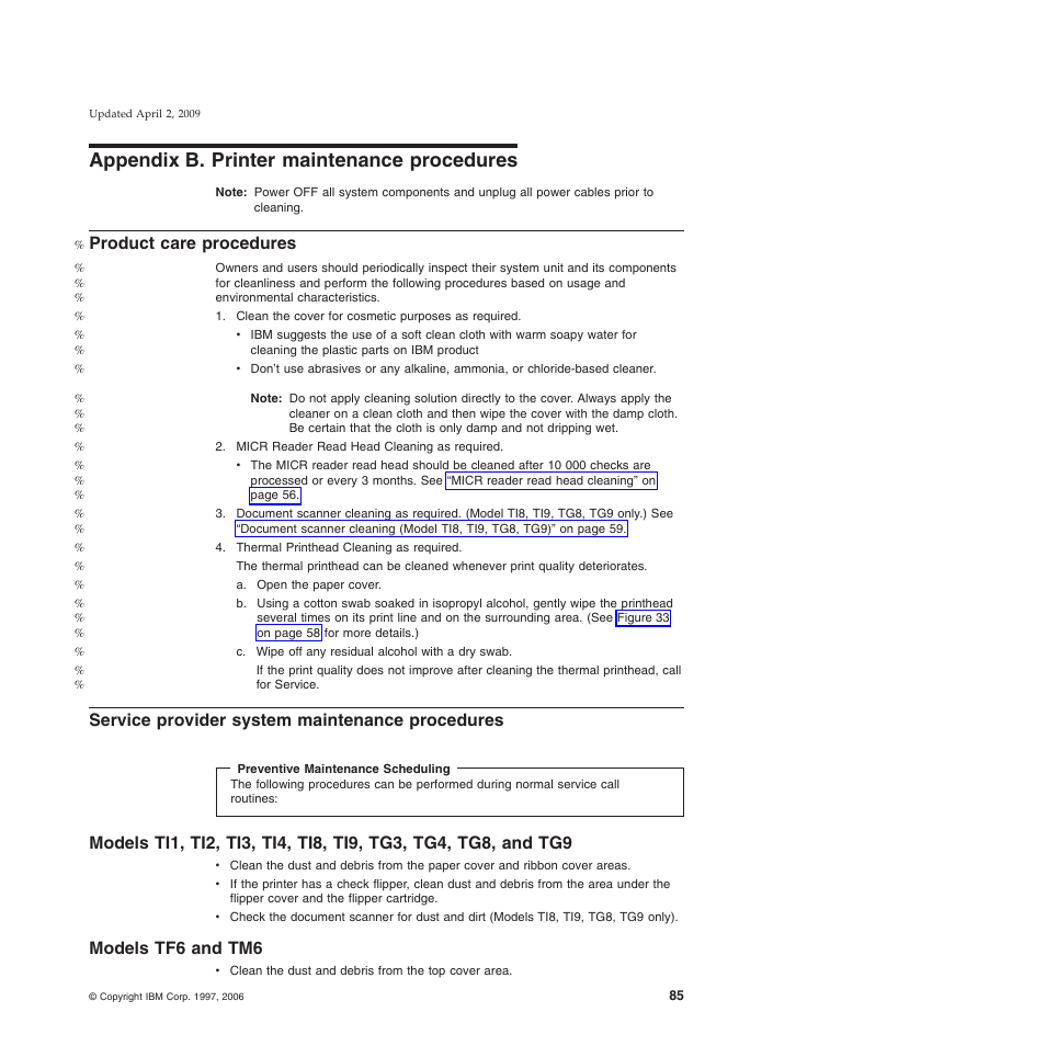 Appendix b. printer maintenance procedures, Product care procedures, Service provider system maintenance procedures | Models tf6 and tm6 | IBM SUREMARK TI8 User Manual | Page 107 / 244