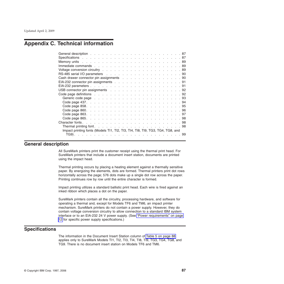 Appendix c. technical information, General description, Specifications | Appendix c, “technical information | IBM SUREMARK TI8 User Manual | Page 109 / 244