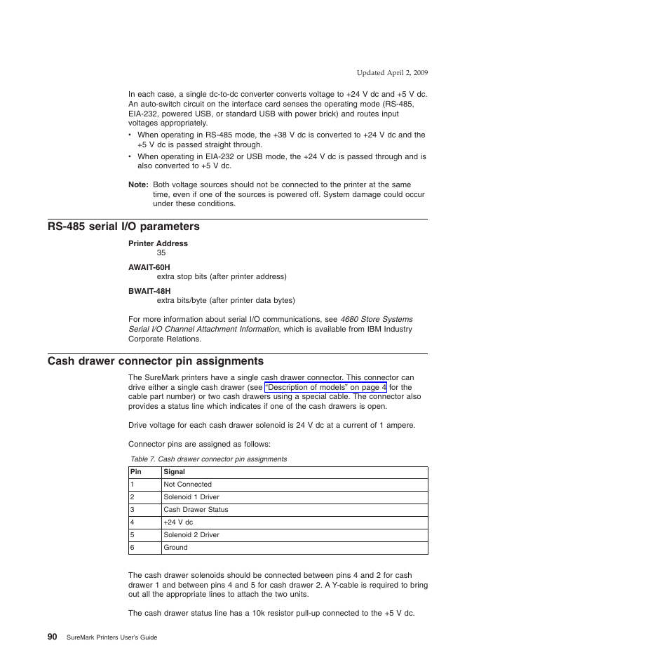 Rs-485 serial i/o parameters, Cash drawer connector pin assignments | IBM SUREMARK TI8 User Manual | Page 112 / 244