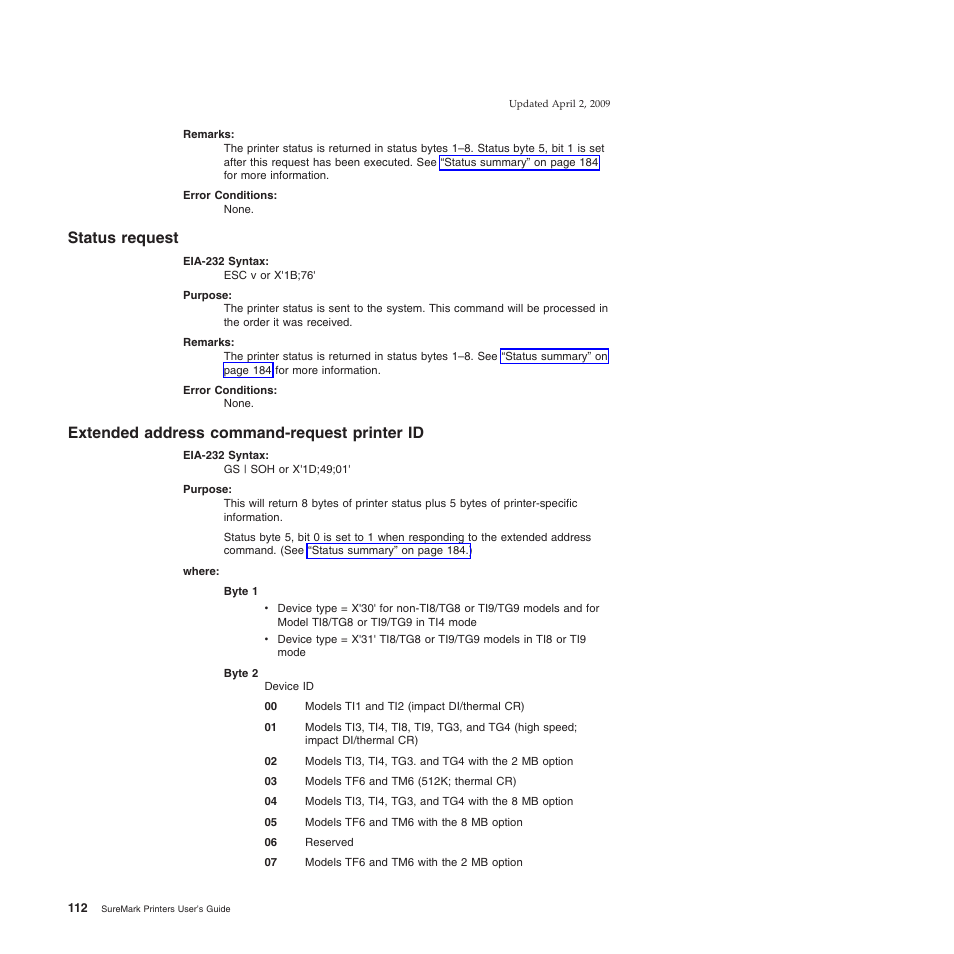 Status request, Extended address command-request printer id | IBM SUREMARK TI8 User Manual | Page 134 / 244