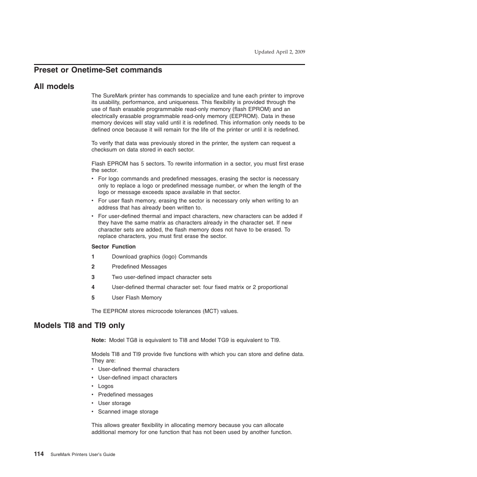 Preset or onetime-set commands, All models, Models ti8 and ti9 only | All models models ti8 and ti9 only, Preset or onetime-set commands all models | IBM SUREMARK TI8 User Manual | Page 136 / 244