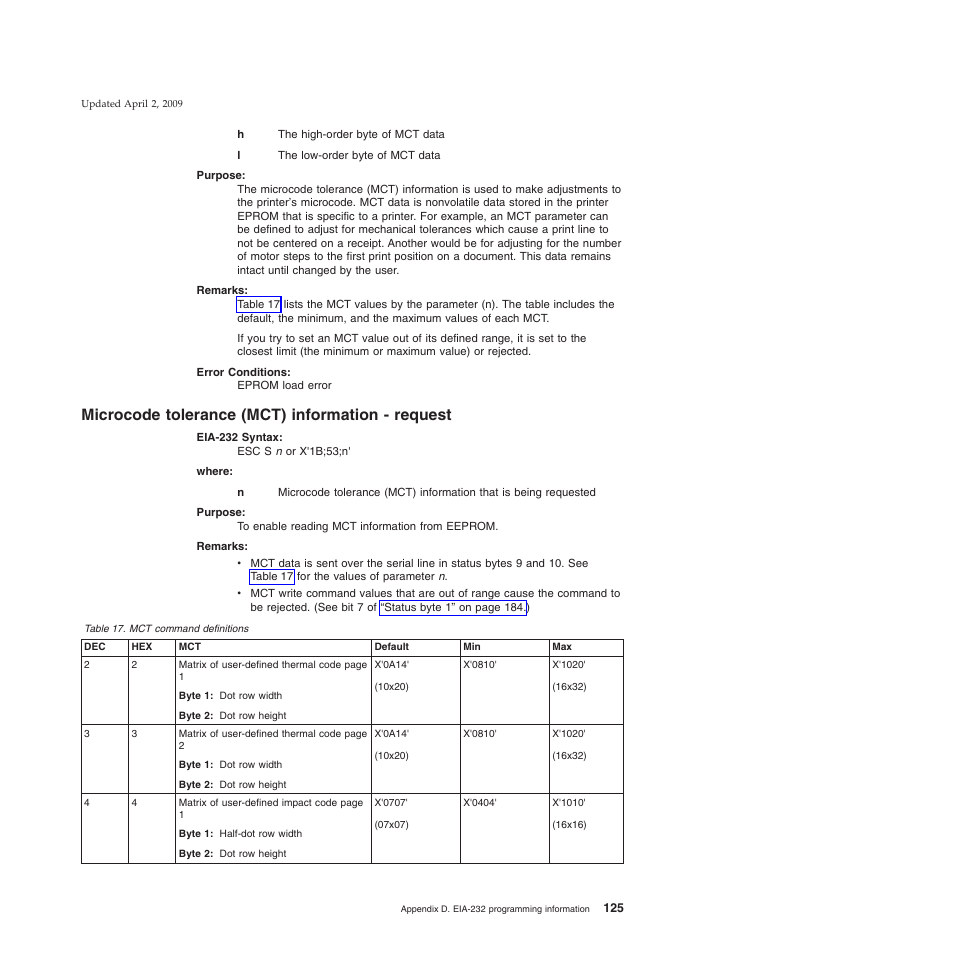 Microcode tolerance (mct) information - request, Mct command definitions | IBM SUREMARK TI8 User Manual | Page 147 / 244