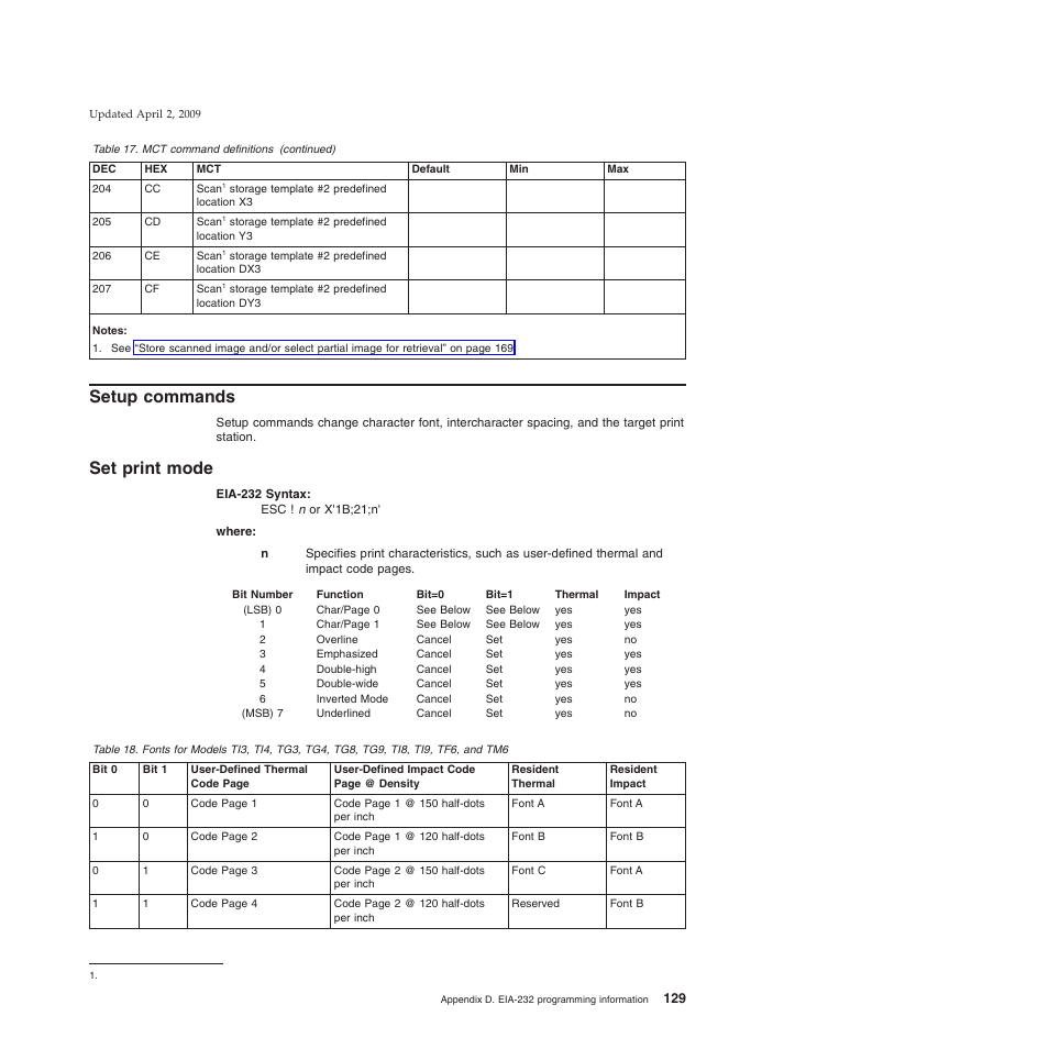 Setup commands, Set print mode | IBM SUREMARK TI8 User Manual | Page 151 / 244