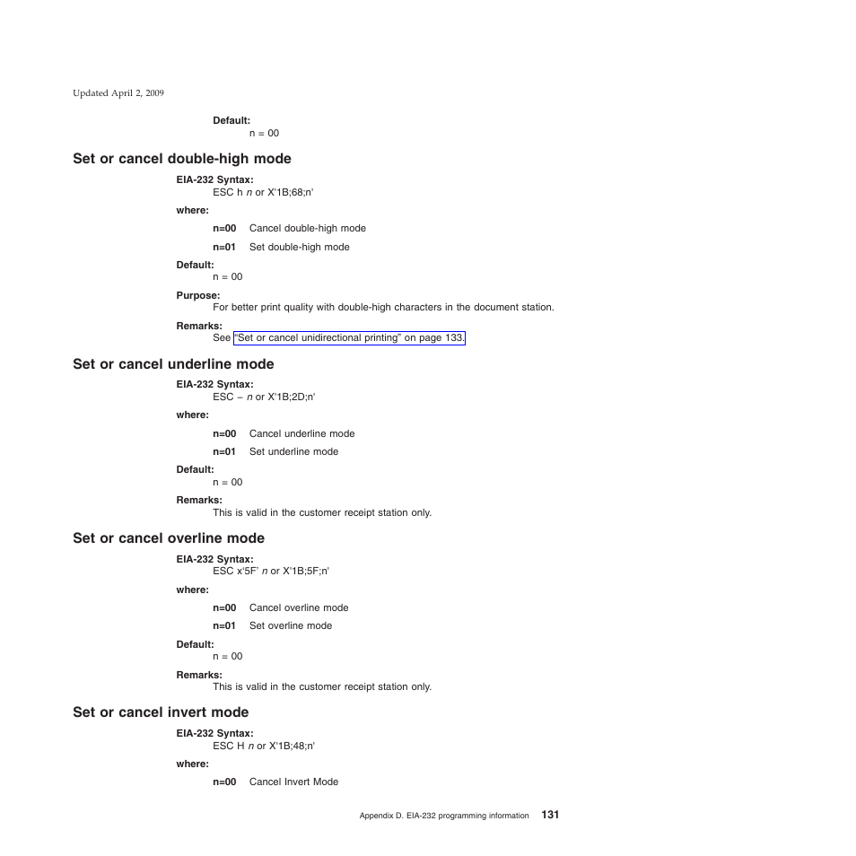 Set or cancel double-high mode, Set or cancel underline mode, Set or cancel overline mode | Set or cancel invert mode | IBM SUREMARK TI8 User Manual | Page 153 / 244