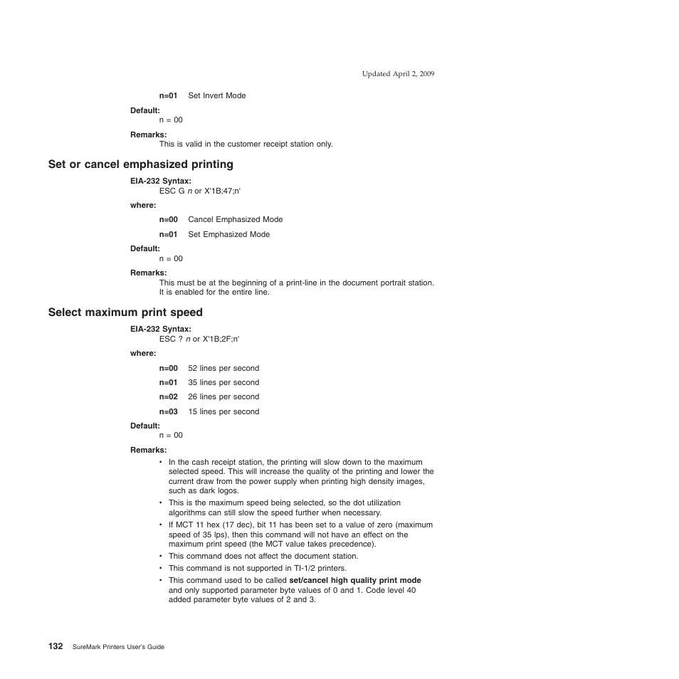 Set or cancel emphasized printing, Select maximum print speed | IBM SUREMARK TI8 User Manual | Page 154 / 244