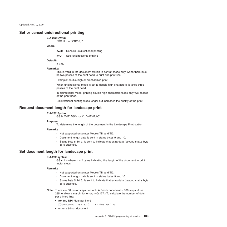 Set or cancel unidirectional printing, Request document length for landscape print, Set document length for landscape print | IBM SUREMARK TI8 User Manual | Page 155 / 244