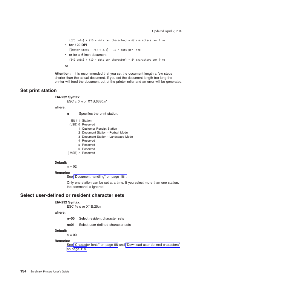 Set print station, Select user-defined or resident character sets | IBM SUREMARK TI8 User Manual | Page 156 / 244