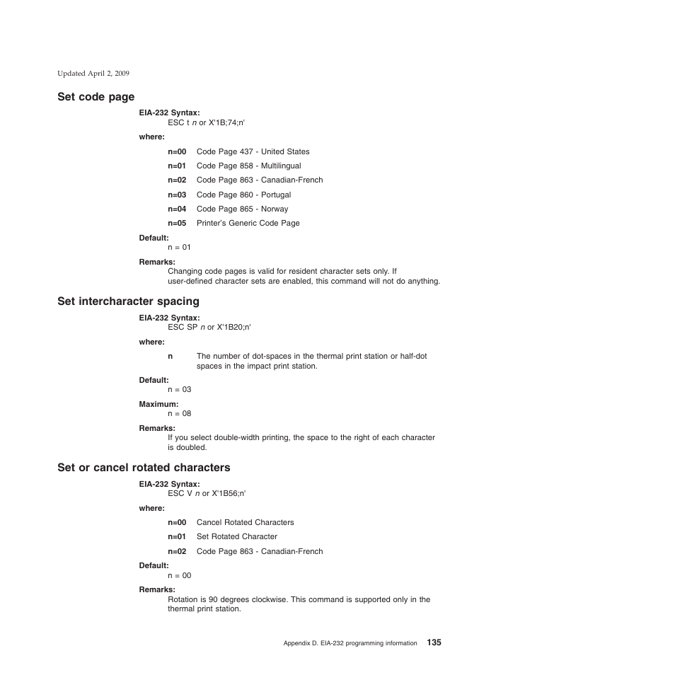 Set intercharacter spacing, Set or cancel rotated characters, Set code page | IBM SUREMARK TI8 User Manual | Page 157 / 244