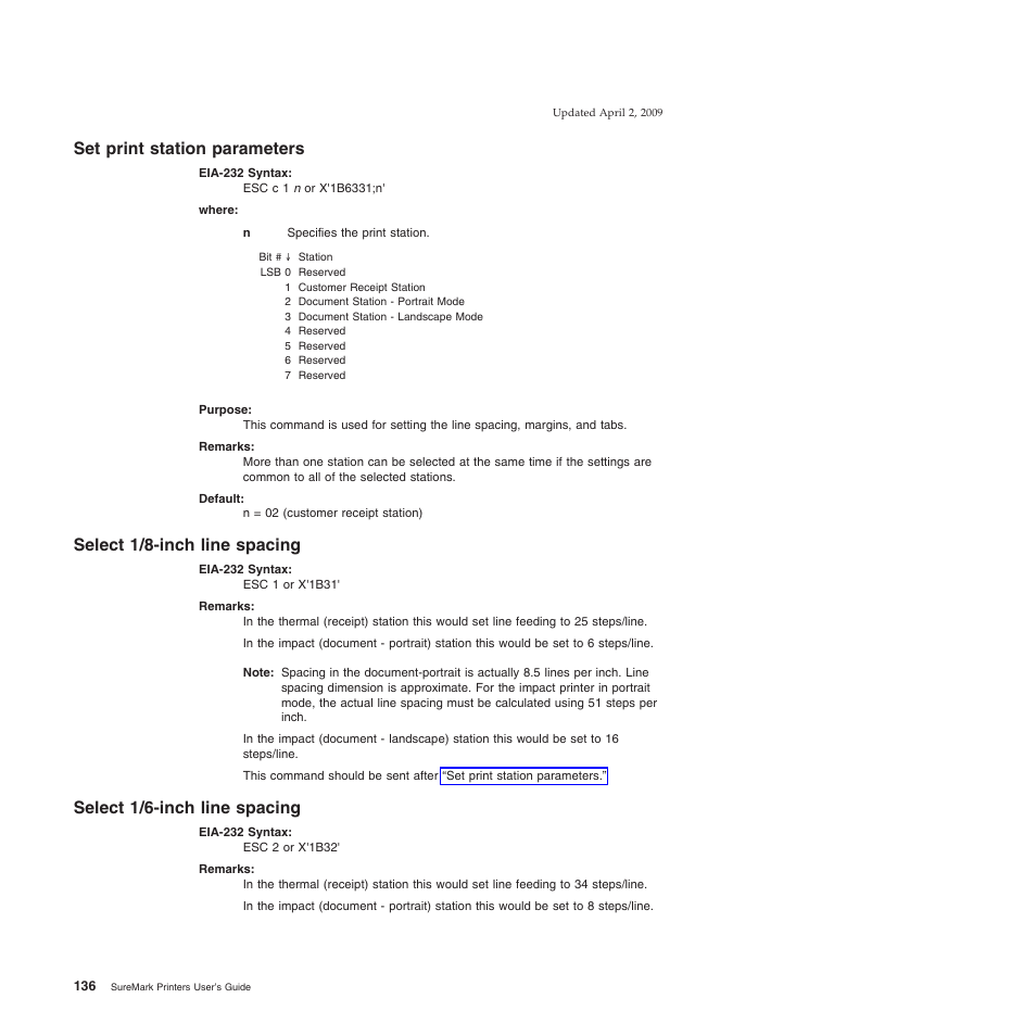 Set print station parameters, Select 1/8-inch line spacing, Select 1/6-inch line spacing | IBM SUREMARK TI8 User Manual | Page 158 / 244
