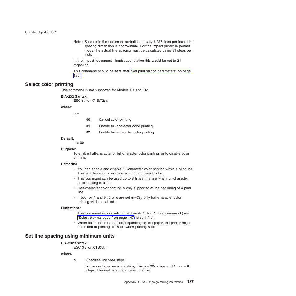 Select color printing, Set line spacing using minimum units | IBM SUREMARK TI8 User Manual | Page 159 / 244