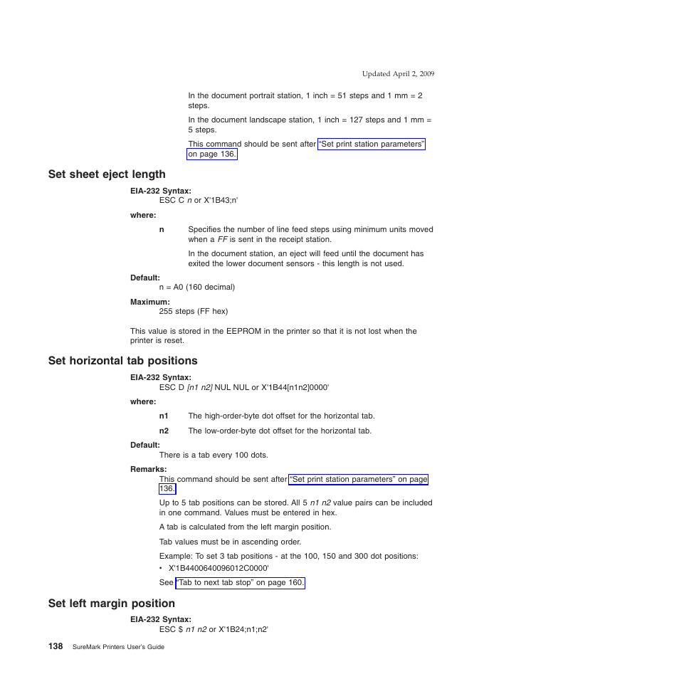 Set sheet eject length, Set horizontal tab positions, Set left margin position | IBM SUREMARK TI8 User Manual | Page 160 / 244