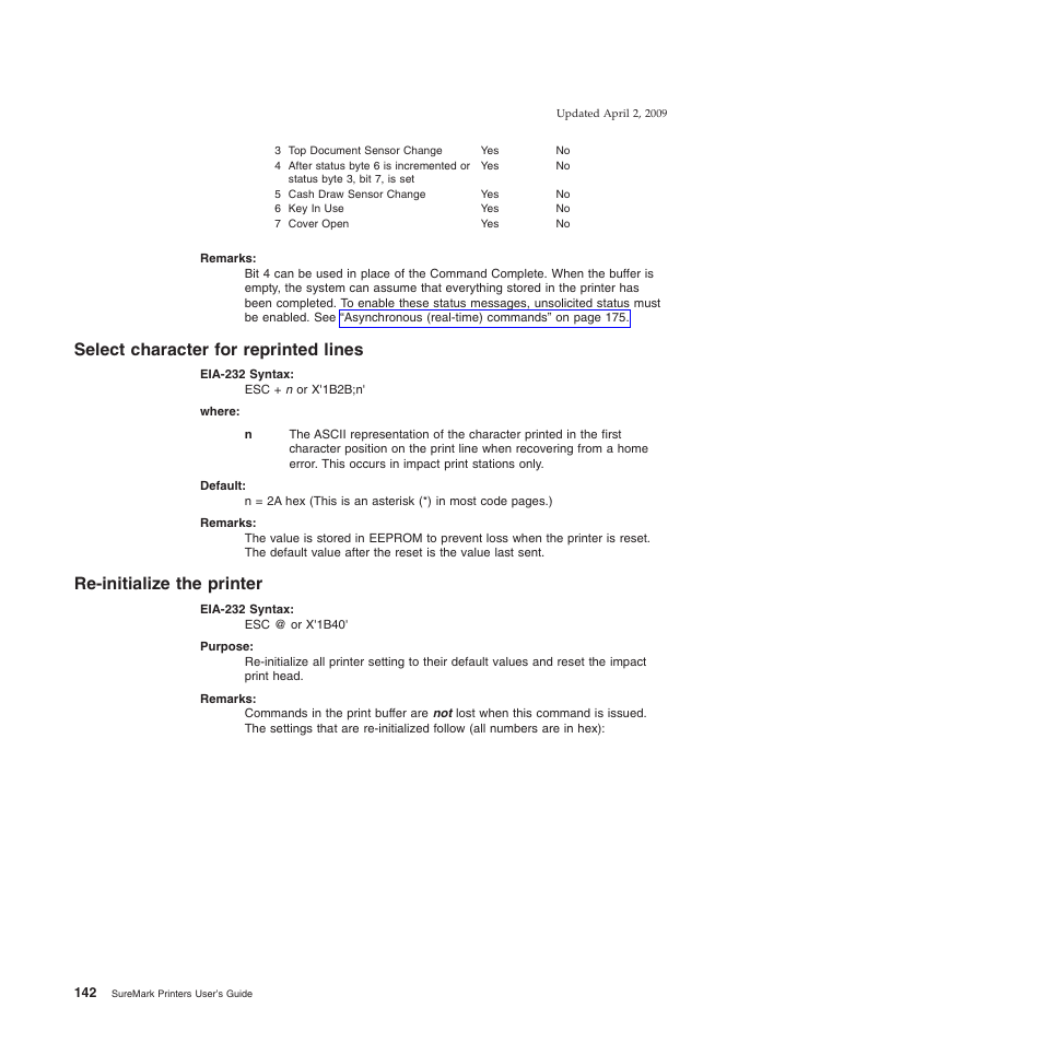 Select character for reprinted lines, Re-initialize the printer | IBM SUREMARK TI8 User Manual | Page 164 / 244