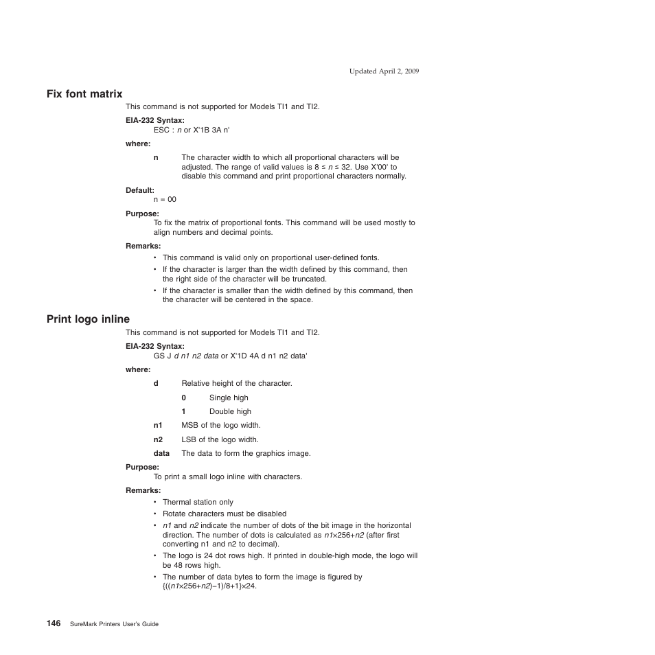 Fix font matrix, Print logo inline, Fix font matrix print logo inline | IBM SUREMARK TI8 User Manual | Page 168 / 244