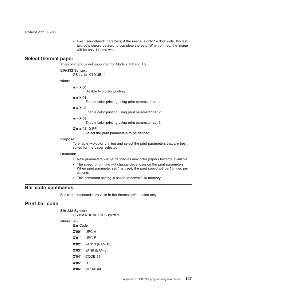 Select thermal paper, Bar code commands, Print bar code | IBM SUREMARK TI8 User Manual | Page 169 / 244